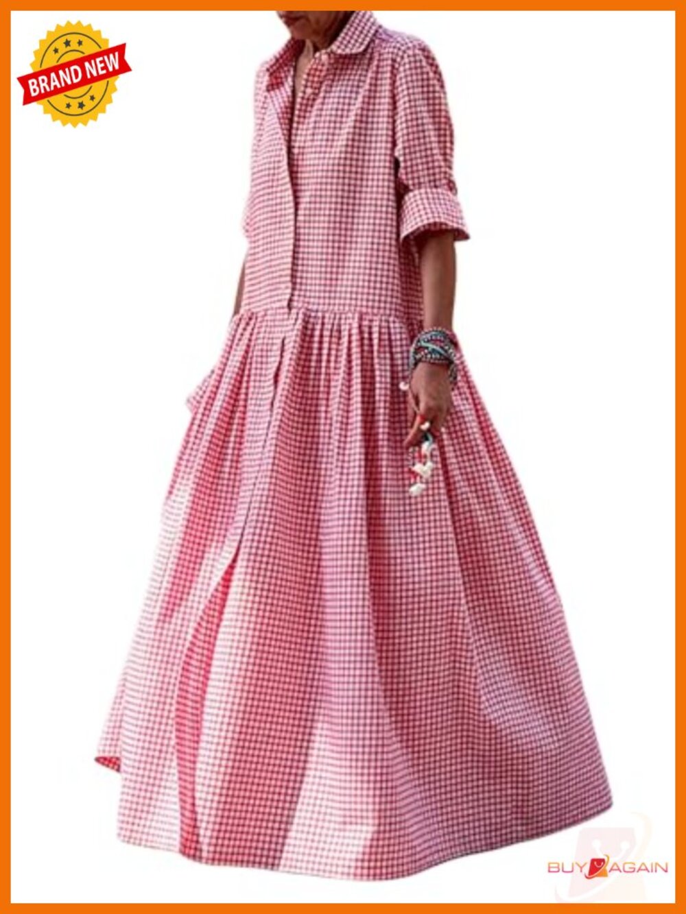 Retro Plaid Button Down Maxi Shirt Dress Long Sleeve Gingham Swing